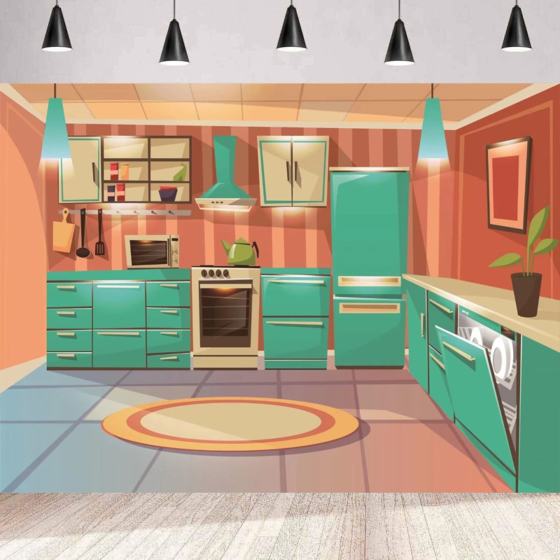 Kitchen Baking Cupboard - Photography Backdrop Cartoon Kitchen Cooking Baking